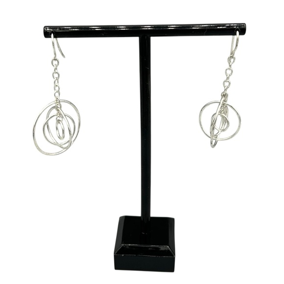 Silver Tone Geometric Circle Drop Earrings - Picture 3 of 8